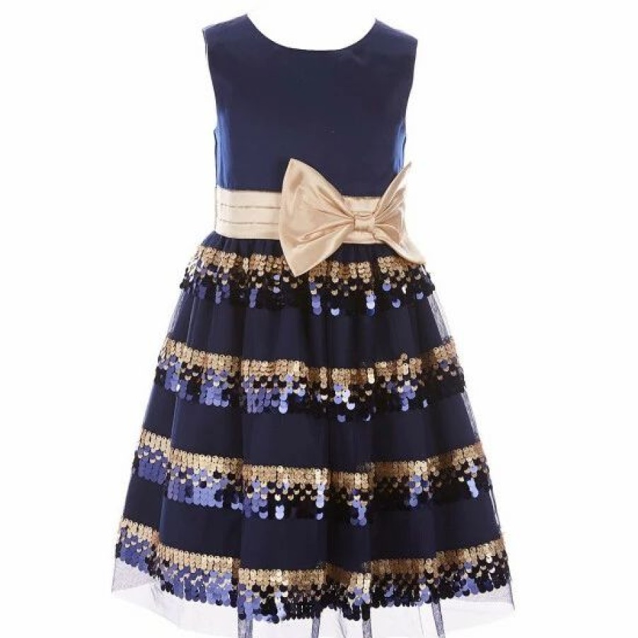 Kids * | Best Sale Rare Editions Little Girls 2T-6X Satin Stripe Sequin Mesh Dress Navy