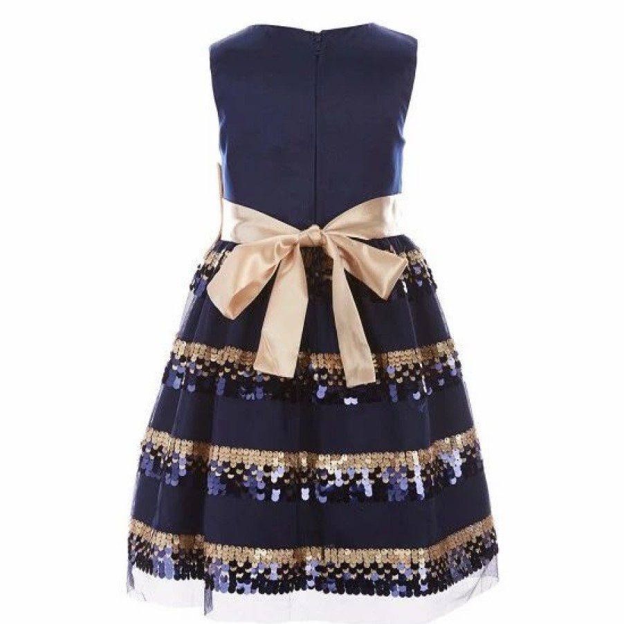 Kids * | Best Sale Rare Editions Little Girls 2T-6X Satin Stripe Sequin Mesh Dress Navy