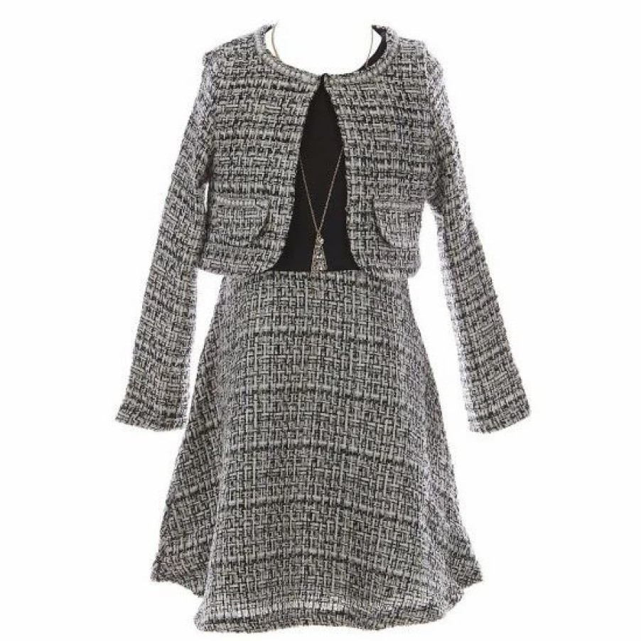 Kids * | Hot Sale Rare Editions Big Girls 7-16 Velvet To Boucle Skater Dress & Matching Cardigan Set Black