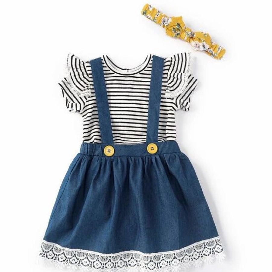 Kids * | Promo Rare Editions Baby Girls 3-24 Months Short-Sleeve Striped Knit Tee & Denim Jumper Dress Yellow