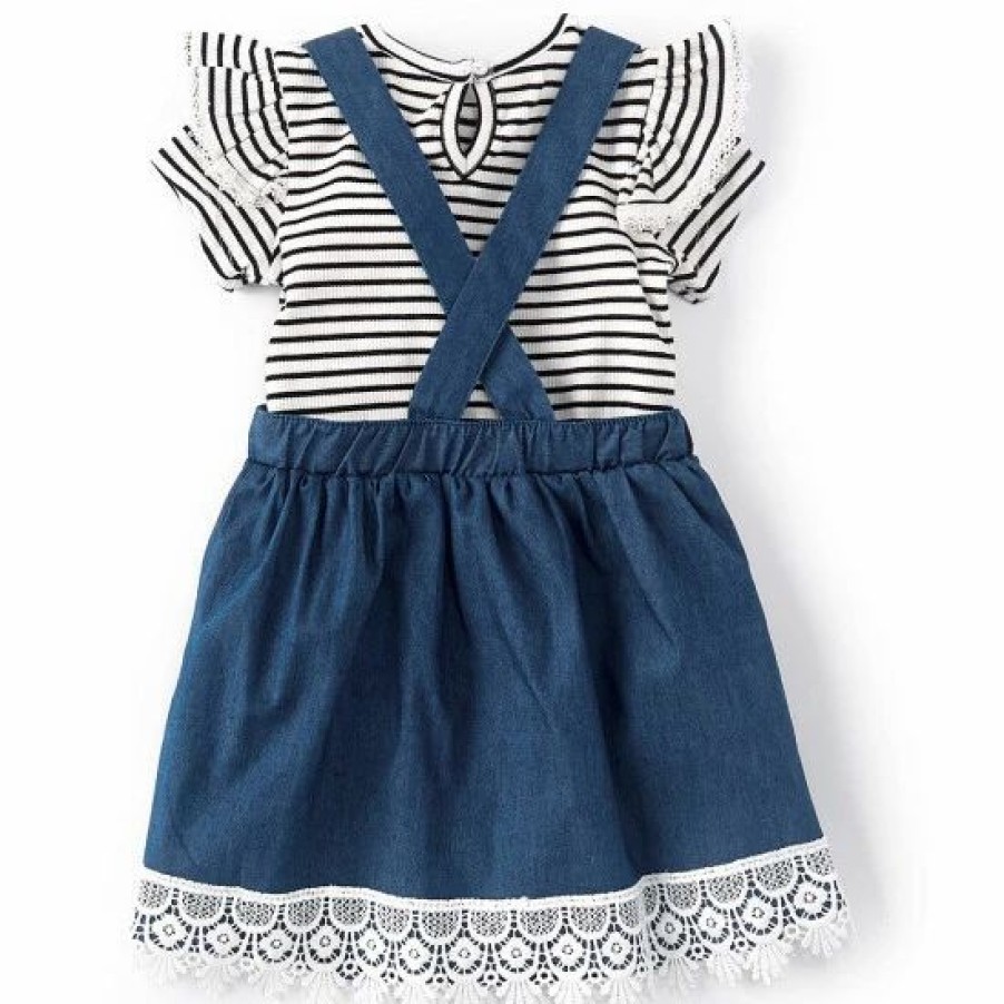 Kids * | Promo Rare Editions Baby Girls 3-24 Months Short-Sleeve Striped Knit Tee & Denim Jumper Dress Yellow