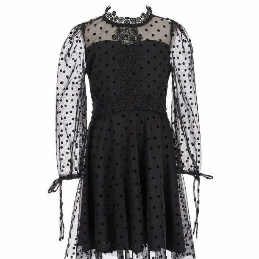 Kids * | Best Deal Rare Editions Big Girls 7-16 Long-Sleeve Flocked Dot Mesh Flower Lace Illusion Skater Dress Black