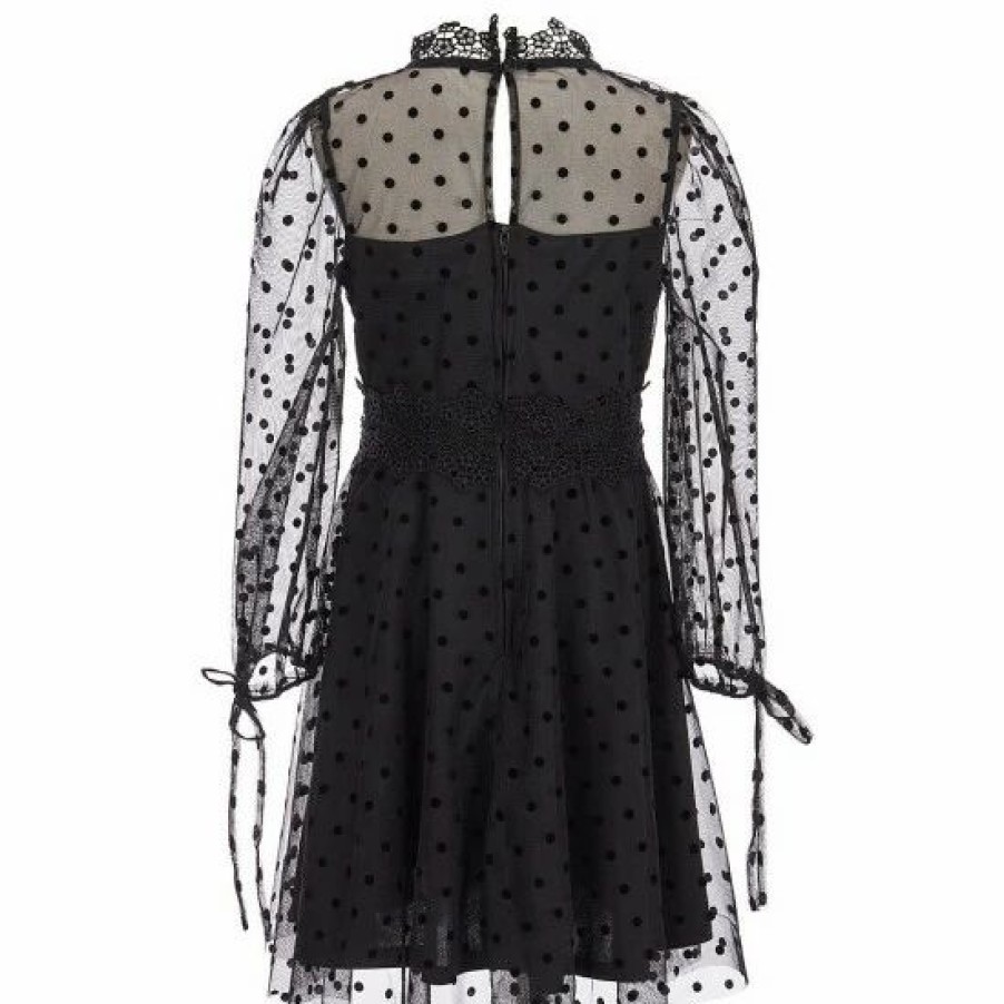 Kids * | Best Deal Rare Editions Big Girls 7-16 Long-Sleeve Flocked Dot Mesh Flower Lace Illusion Skater Dress Black