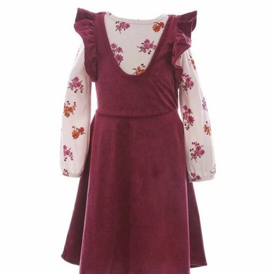 Kids * | Flash Sale Rare Editions Little Girls 2T-6X Solid Corduroy Jumper Dress & Long-Sleeve Floral-Print Top Two Piece Set Wine