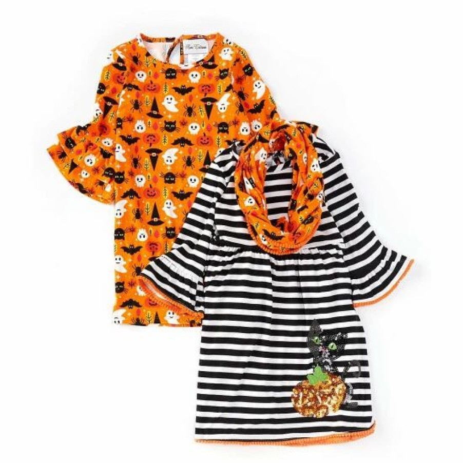 Kids * | Buy Rare Editions Little Girls 2T-6X 2 Dresses Halloween Print & Striped Cat-Appliqued Dress Set Orange