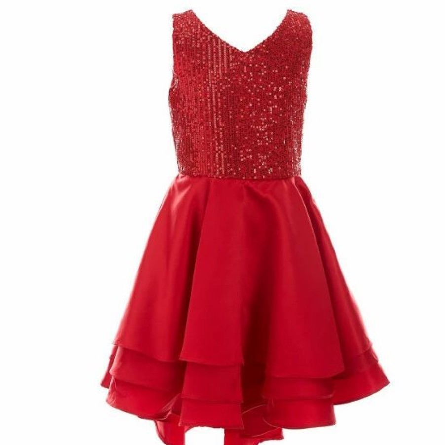 Kids * | Deals Rare Editions Big Girls 7-16 Sequin Satin Bow Bodice Satin Tie Dress Red