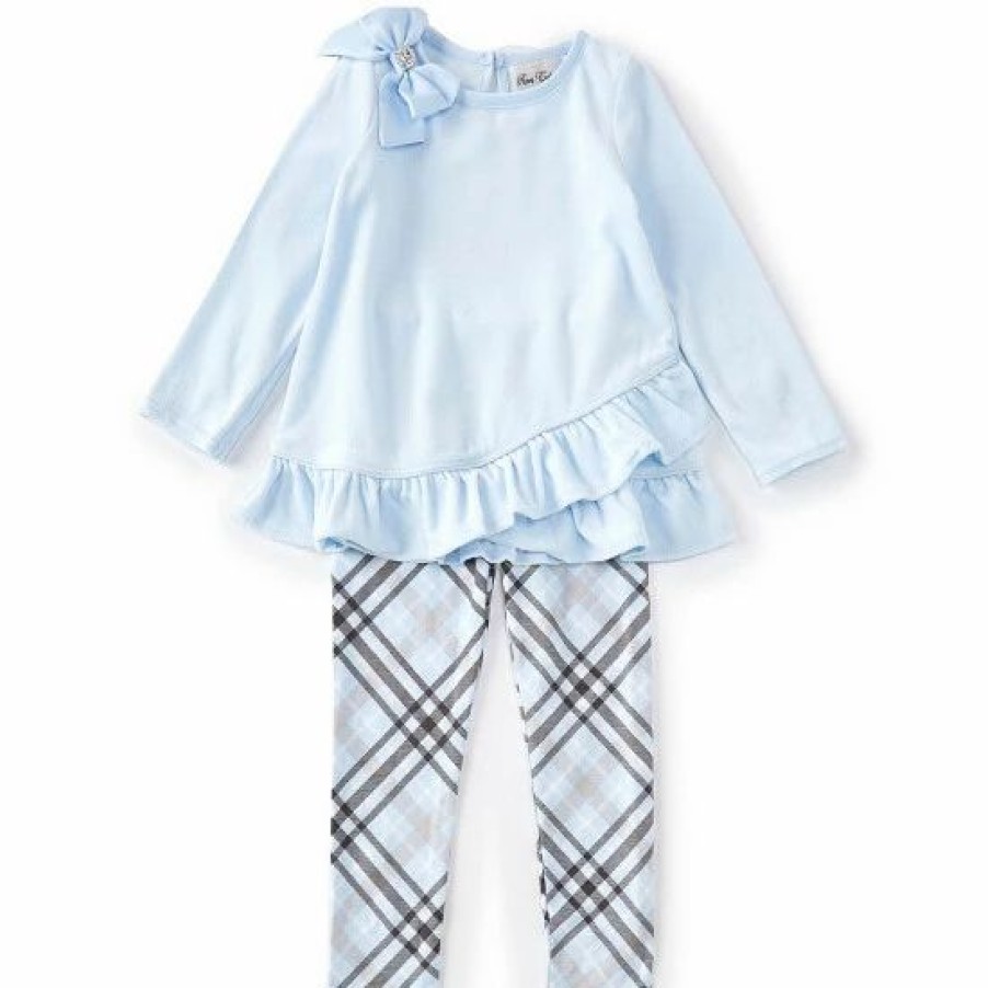 Kids * | Outlet Rare Editions Little Girls 2T-6X Solid Long-Sleeve Velour Top & Plaid Knit Leggings Set Blue