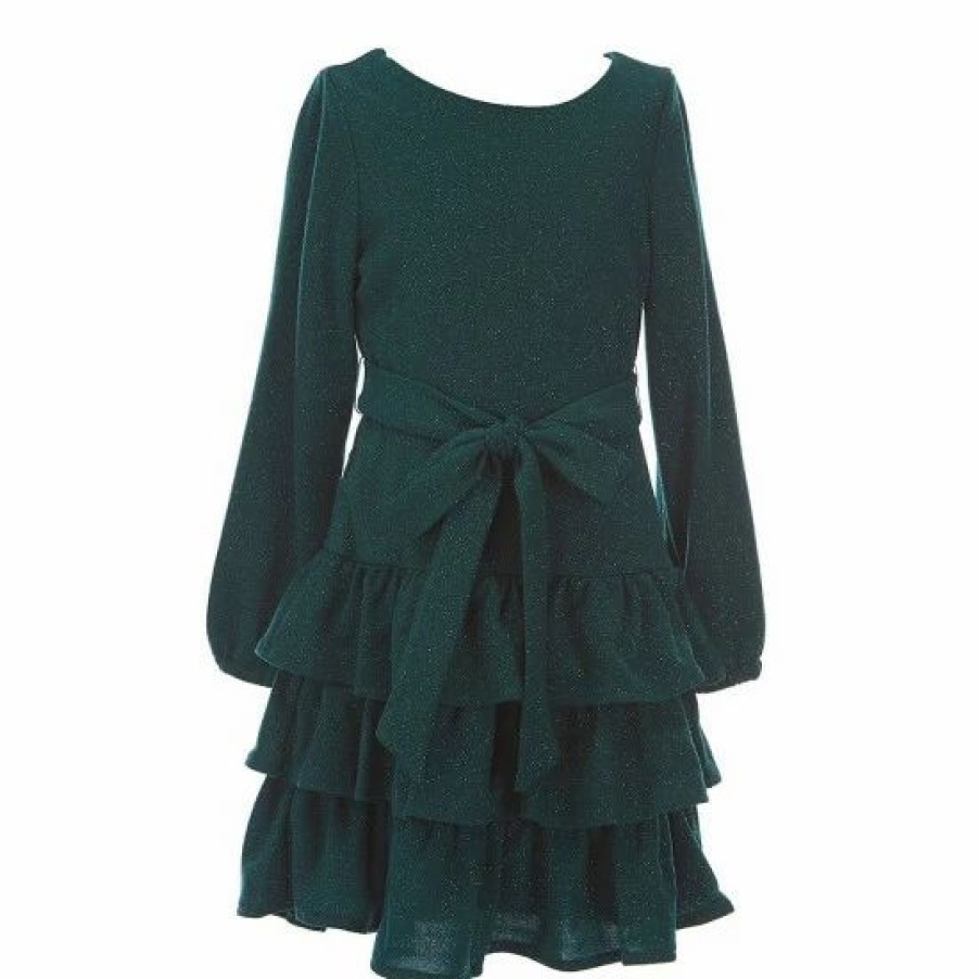 Kids * | Best Reviews Of Rare Editions Big Girls 7-16 Pique Glitter Knit Tie Ruffle Dress