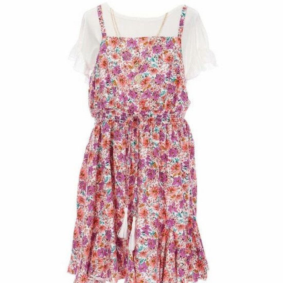 Kids * | Discount Rare Editions Big Girls 7-16 Sleeveless Challis Jumper, Knit Tee & Coordinating Accessories 4-Piece Set Floral