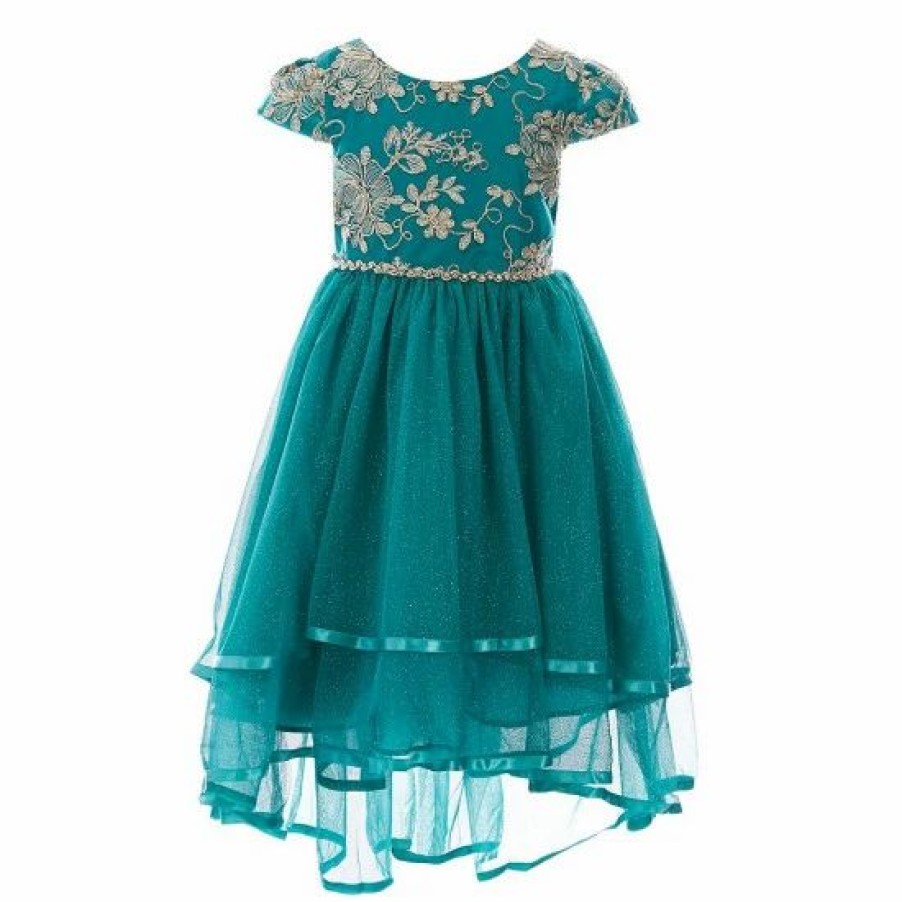 Kids * | Promo Rare Editions Little Girls 4-6X Cap Sleeve Embroidered Mesh High-Low Dress Emerald