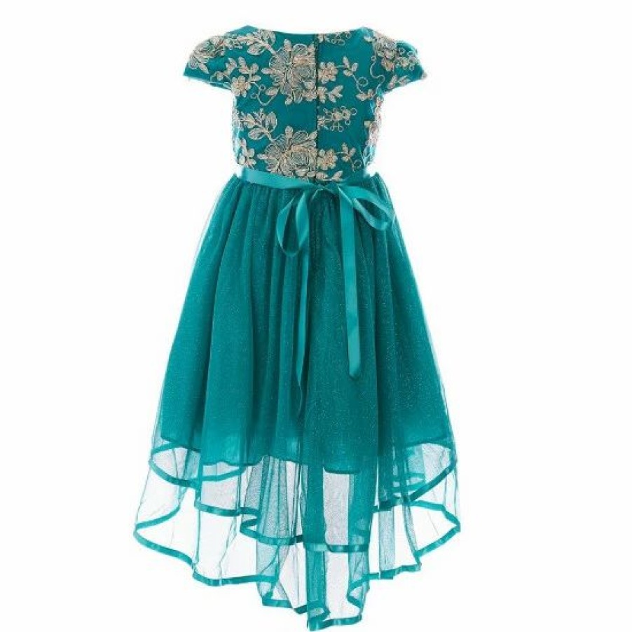 Kids * | Promo Rare Editions Little Girls 4-6X Cap Sleeve Embroidered Mesh High-Low Dress Emerald