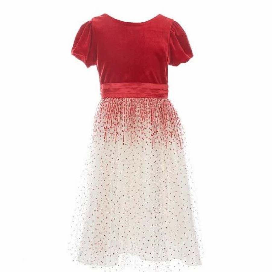 Kids * | Cheapest Rare Editions Big Girls 7-16 Velvet/Glitter-Accented Mesh Fit-And-Flare Dress Red