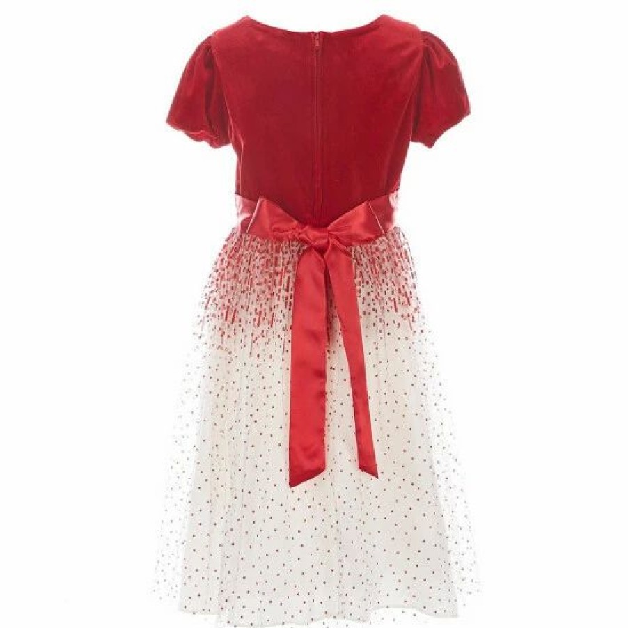 Kids * | Cheapest Rare Editions Big Girls 7-16 Velvet/Glitter-Accented Mesh Fit-And-Flare Dress Red