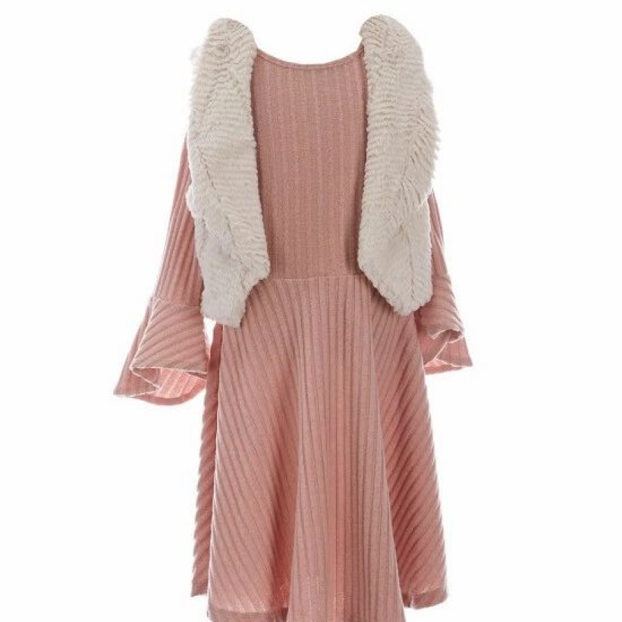 Kids * | Best Sale Rare Editions Big Girls 7-16 Sleeveless Faux-Fur Vest & Bell-Sleeve Brushed-Rib-Knit Fit-And-Flare Dress 2-Piece Set Blush