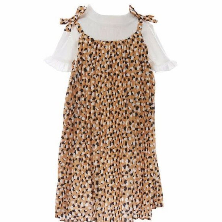 Kids * | Best Pirce Rare Editions Little Girls 2T-6X Sleeveless Bow Strap Animal-Printed Pleated Jumper Dress & Short-Sleeve Rib Tee 2-Piece Set Mustard/Black/White