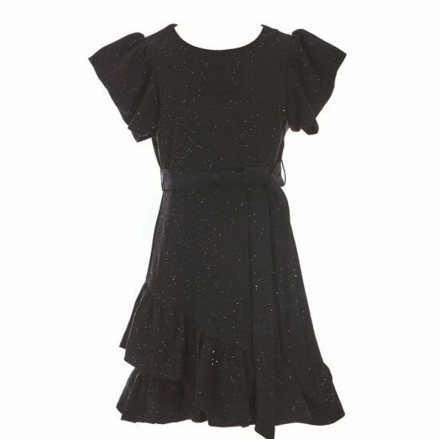 Kids * | Cheapest Rare Editions Big Girls 7-16 Sparkle Scuba Puff Sleeve Wrap Dress Black