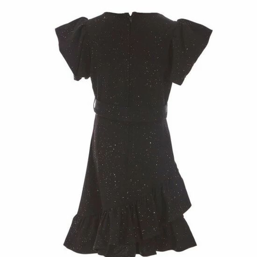 Kids * | Cheapest Rare Editions Big Girls 7-16 Sparkle Scuba Puff Sleeve Wrap Dress Black