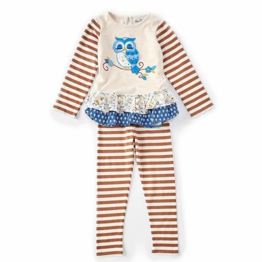 Kids * | Cheapest Rare Editions Little Girls 2T-6X Long-Sleeve Owl Mixed-Media Tee & Striped Leggings 2-Piece Set Oatmeal