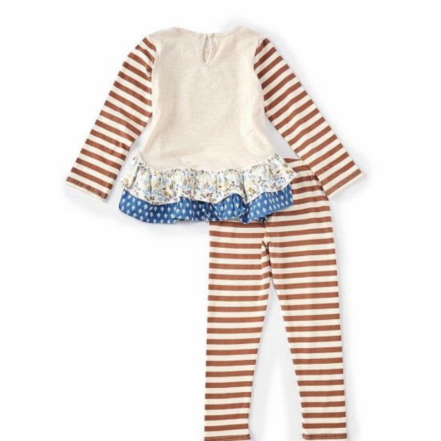 Kids * | Cheapest Rare Editions Little Girls 2T-6X Long-Sleeve Owl Mixed-Media Tee & Striped Leggings 2-Piece Set Oatmeal