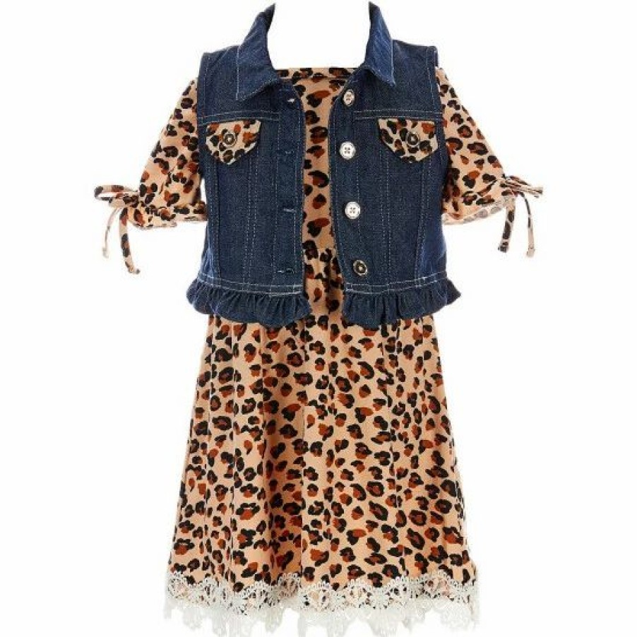 Kids * | Best Reviews Of Rare Editions Little Girls 2T-6X Sleeveless Denim Ruffle Vest & Animal-Printed French Terry A-Line Dress 2-Piece Set Taupe