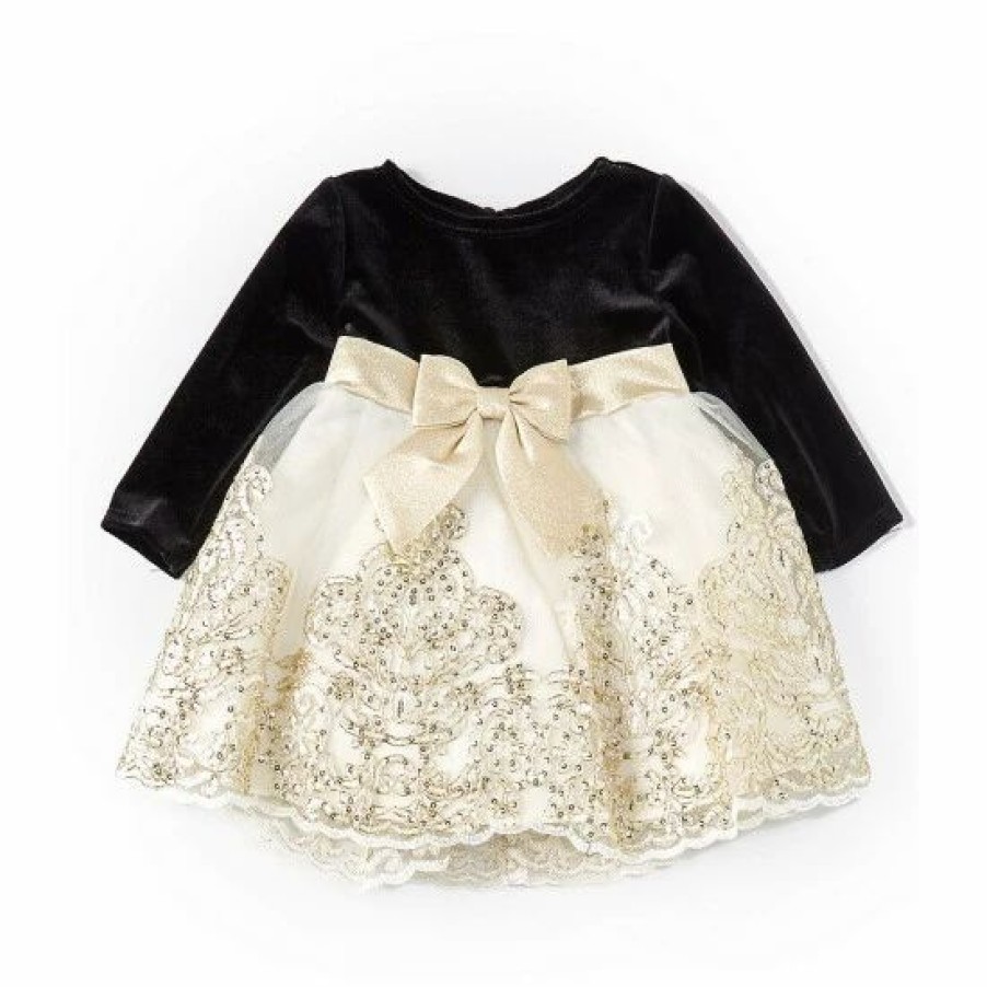 Kids * | Hot Sale Rare Editions Baby Girls 3-24 Months Long-Sleeve Velvet/Embroidered-Mesh Fit-And-Flare Dress Gold