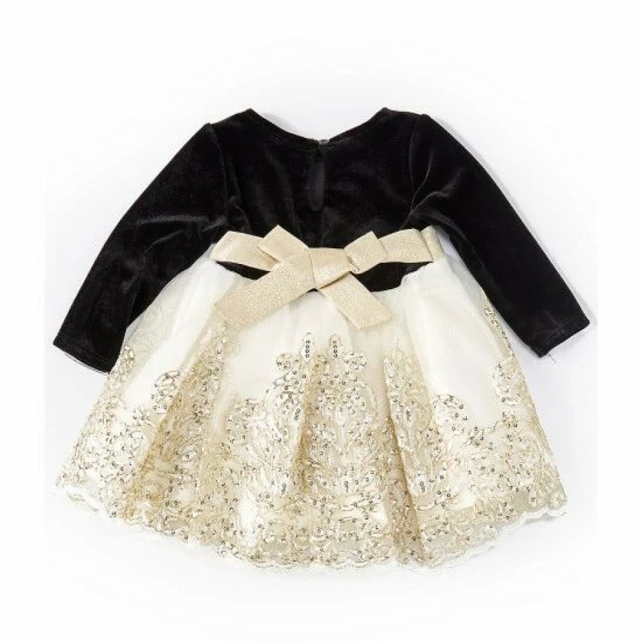 Kids * | Hot Sale Rare Editions Baby Girls 3-24 Months Long-Sleeve Velvet/Embroidered-Mesh Fit-And-Flare Dress Gold