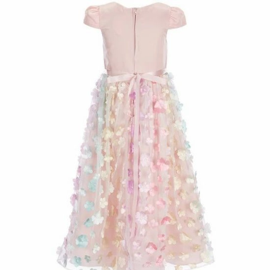 Kids * | Buy Rare Editions Little Girls 4-6X Satin Cap Sleeve Multi-Color 3D Flower Appliqued Mesh Skirt Dress Blush Multi