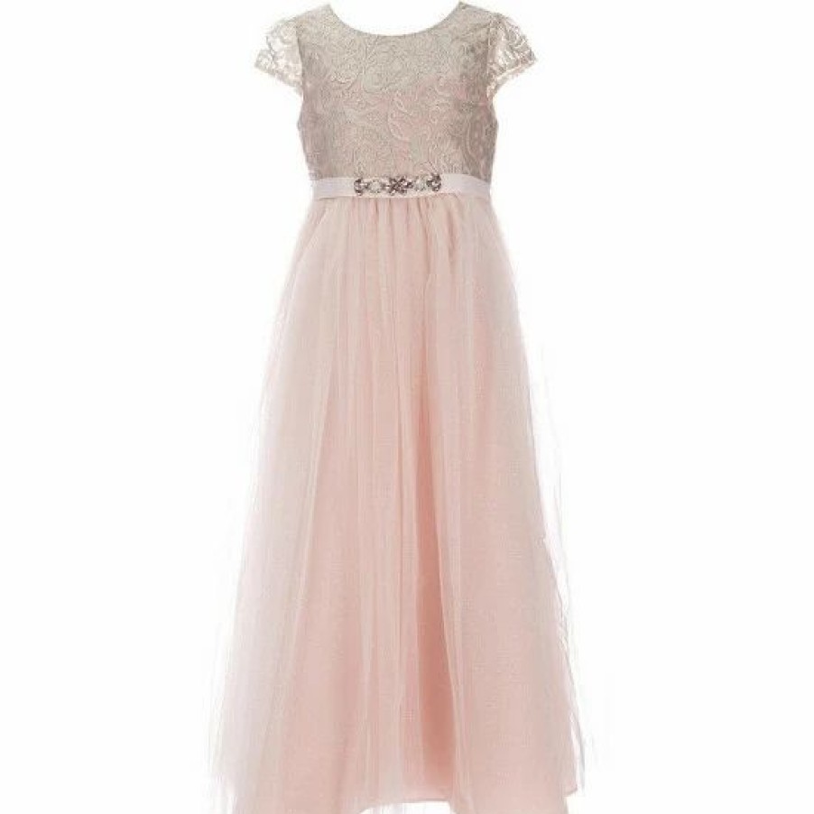 Kids * | Hot Sale Rare Editions Big Girls 7-16 Embroidered Mesh Overlay Skirt Long Social Dress Blush