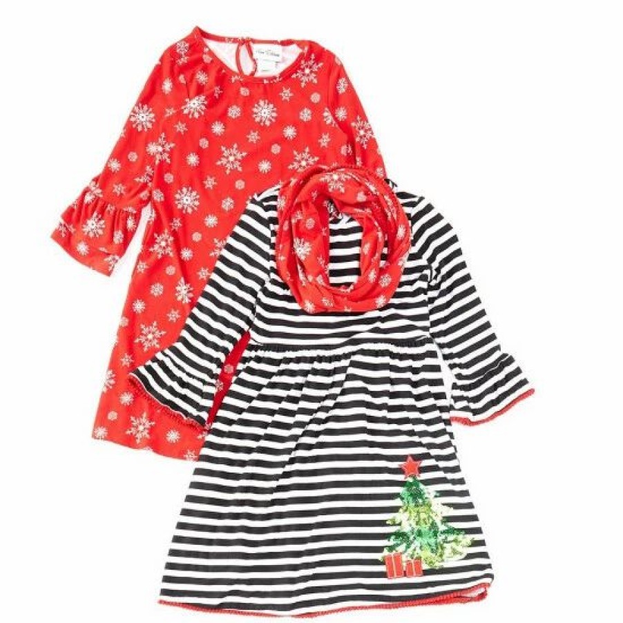 Kids * | New Rare Editions Big Girls 7-16 Two Dress Set Snowflake & Striped/Christmas Tree Dress 3-Piece Set Red