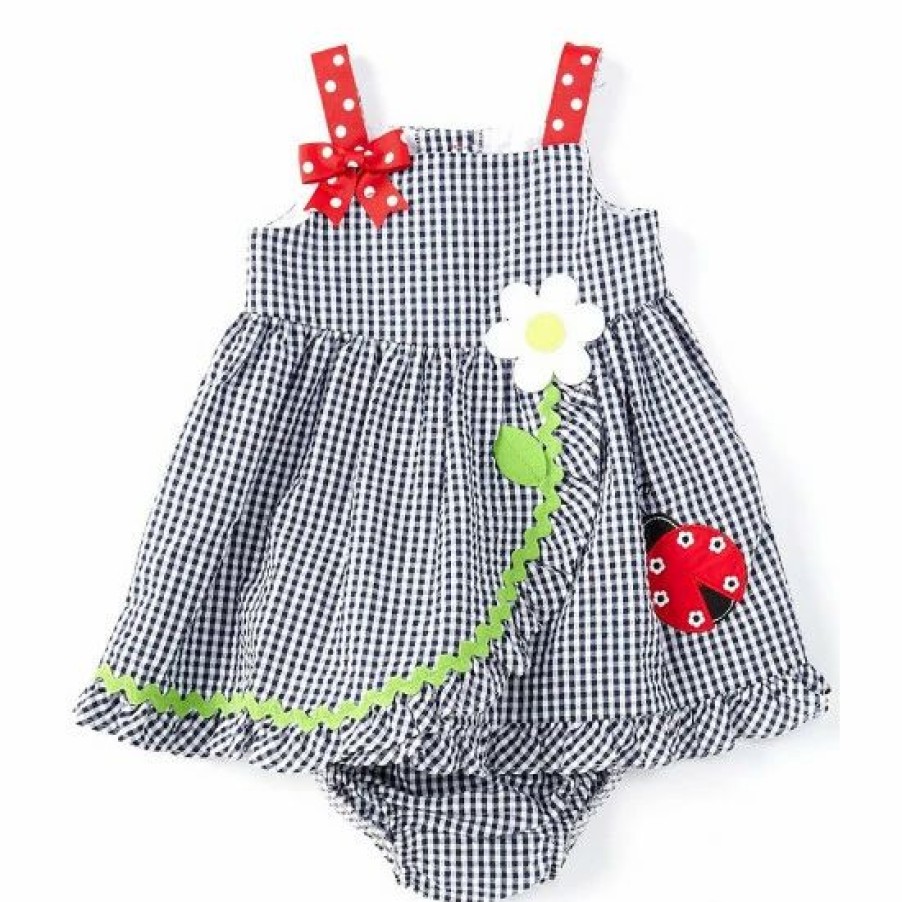 Kids * | Flash Sale Rare Editions Baby Girls Newborn-24 Months Sleeveless Lady Bug Flower Applique Ruffled Seersucker Dress & Matching Bloomer Navy Multi