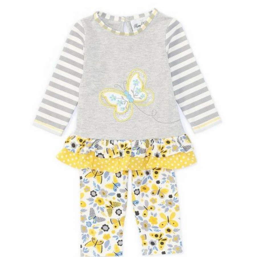 Kids * | Cheapest Rare Editions Baby Girls 3-24 Months Long-Sleeve Butterfly Applique Ruffled Knit Top & Butterfly Print Leggings Set Grey/Multi