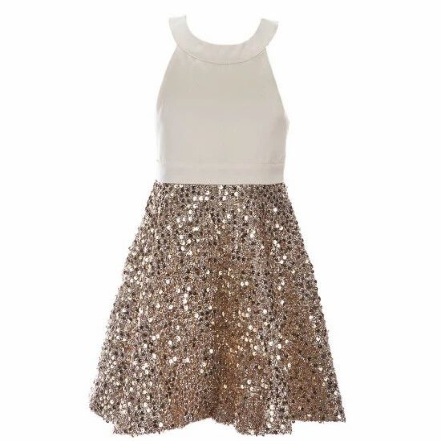 Kids * | Wholesale Rare Editions Little Girls 4-6X Mikado Bodice Sequin Double Bow Dress Gold