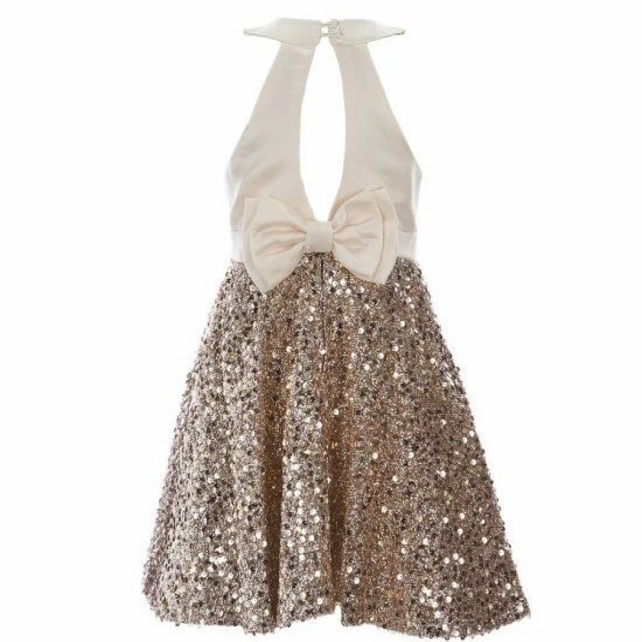 Kids * | Wholesale Rare Editions Little Girls 4-6X Mikado Bodice Sequin Double Bow Dress Gold