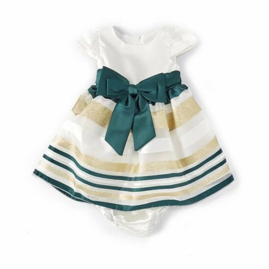 Kids * | Buy Rare Editions Baby Girls 3-24 Months Cap-Sleeve Satin-Bodice/Striped Organza-Skirted Fit-And-Flare Dress Hunter