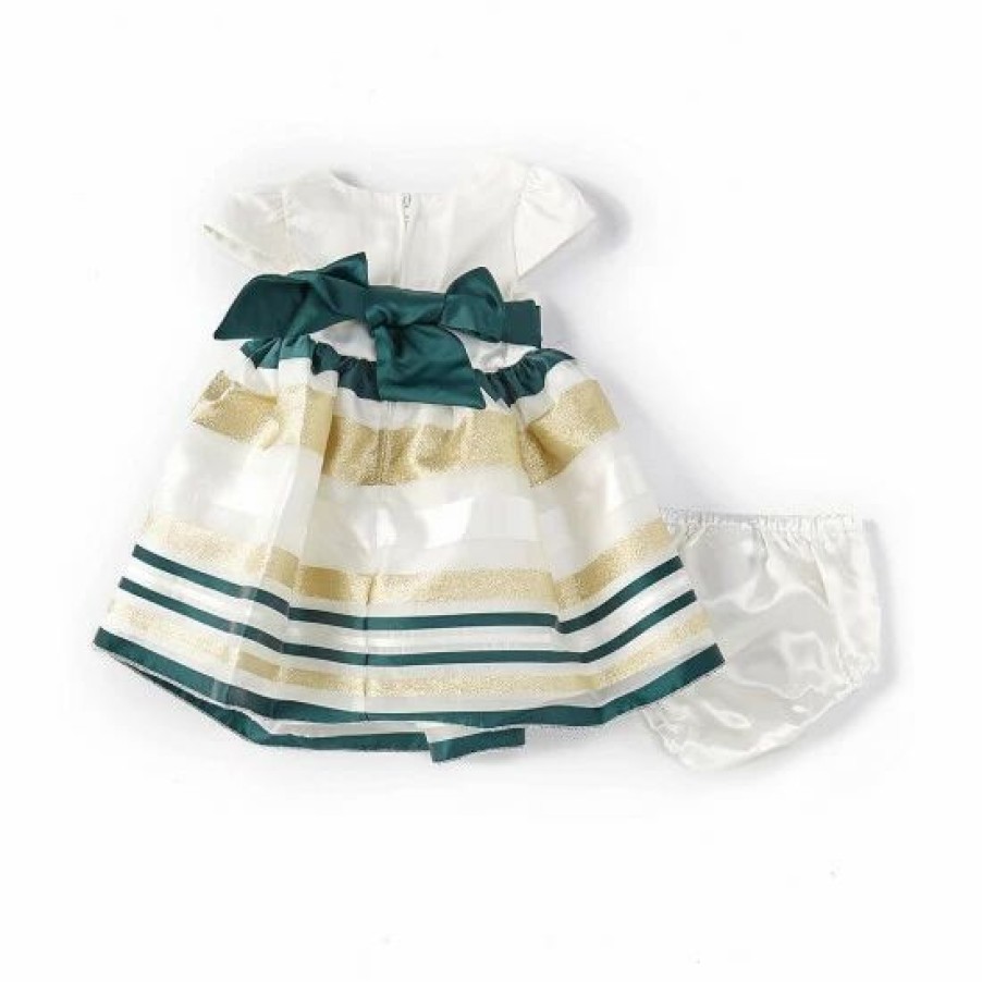 Kids * | Buy Rare Editions Baby Girls 3-24 Months Cap-Sleeve Satin-Bodice/Striped Organza-Skirted Fit-And-Flare Dress Hunter