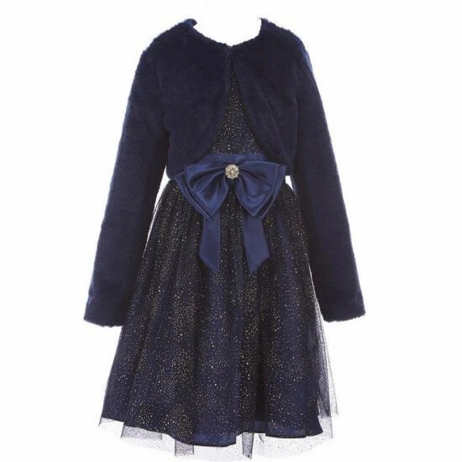 Kids * | Flash Sale Rare Editions Big Girls 7-16 Long-Sleeve Faux-Fur Shrug & Short-Sleeve Printed Fit-And-Flare Social Dress Set Navy