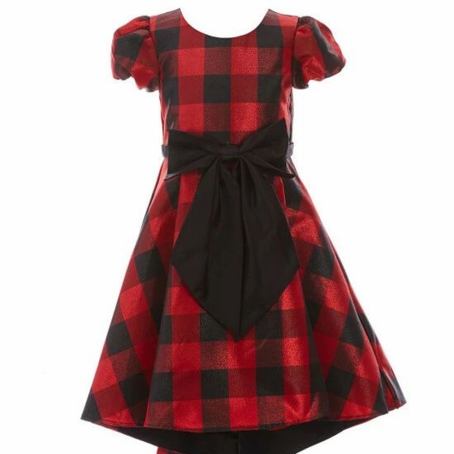 Kids * | Coupon Rare Editions Little Girls 4-6X Lurex Buffalo Plaid Puff Sleeve Hi-Low Skirt Dress Red