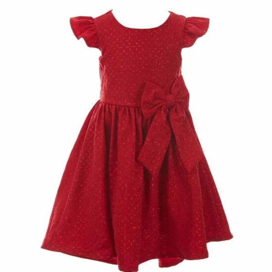 Kids * | Deals Rare Editions Little Girls 2T-6X Flutter Sleeve Pattern Glitter Knit Hi-Low Dress Red