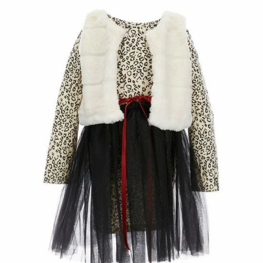 Kids * | Best Pirce Rare Editions Little Girls 2T-6X Long Sleeve Cheetah Bodycon Glitter Ribbon Tutu Skirt Dress & Faux Fur Vest 2-Piece Set Ivory