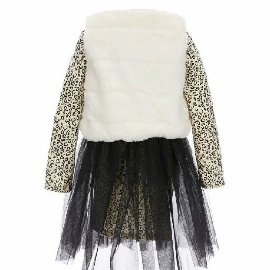 Kids * | Best Pirce Rare Editions Little Girls 2T-6X Long Sleeve Cheetah Bodycon Glitter Ribbon Tutu Skirt Dress & Faux Fur Vest 2-Piece Set Ivory