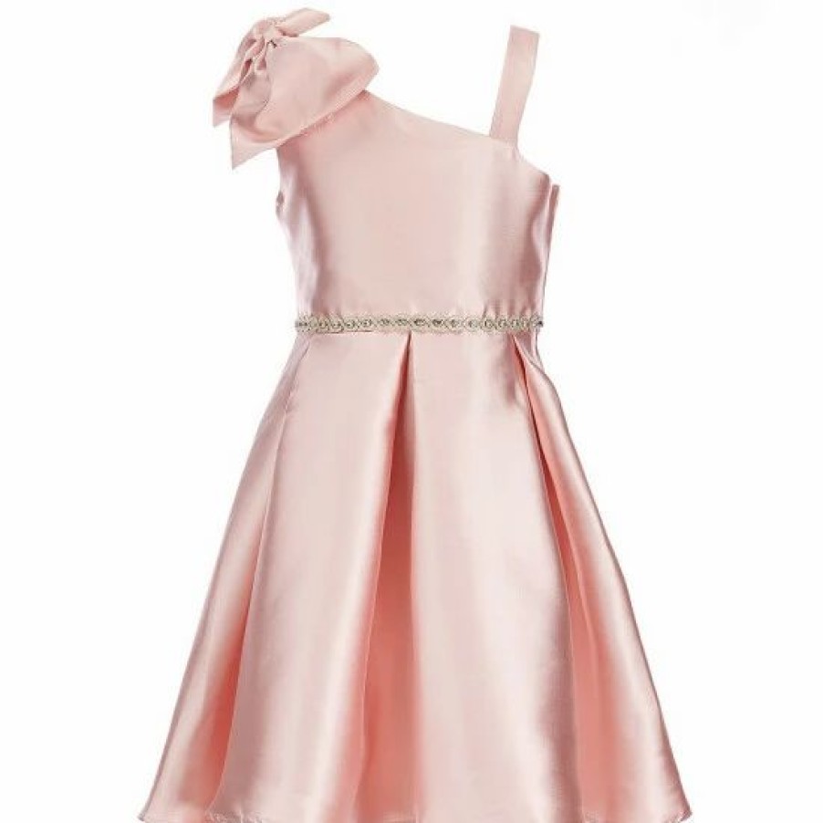 Kids * | Deals Rare Editions Big Girls 7-16 Box Pleated Asymmetrical Shoulder Bow Jewel Trimmed Dress Blush