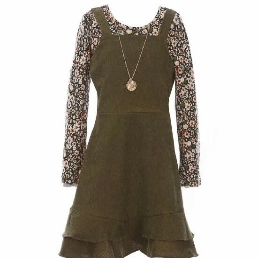 Kids * | Flash Sale Rare Editions Big Girls 7-16 Sleeveless Corduroy Jumper Dress & Long-Sleeve Printed Rib-Knit Tee Set Olive