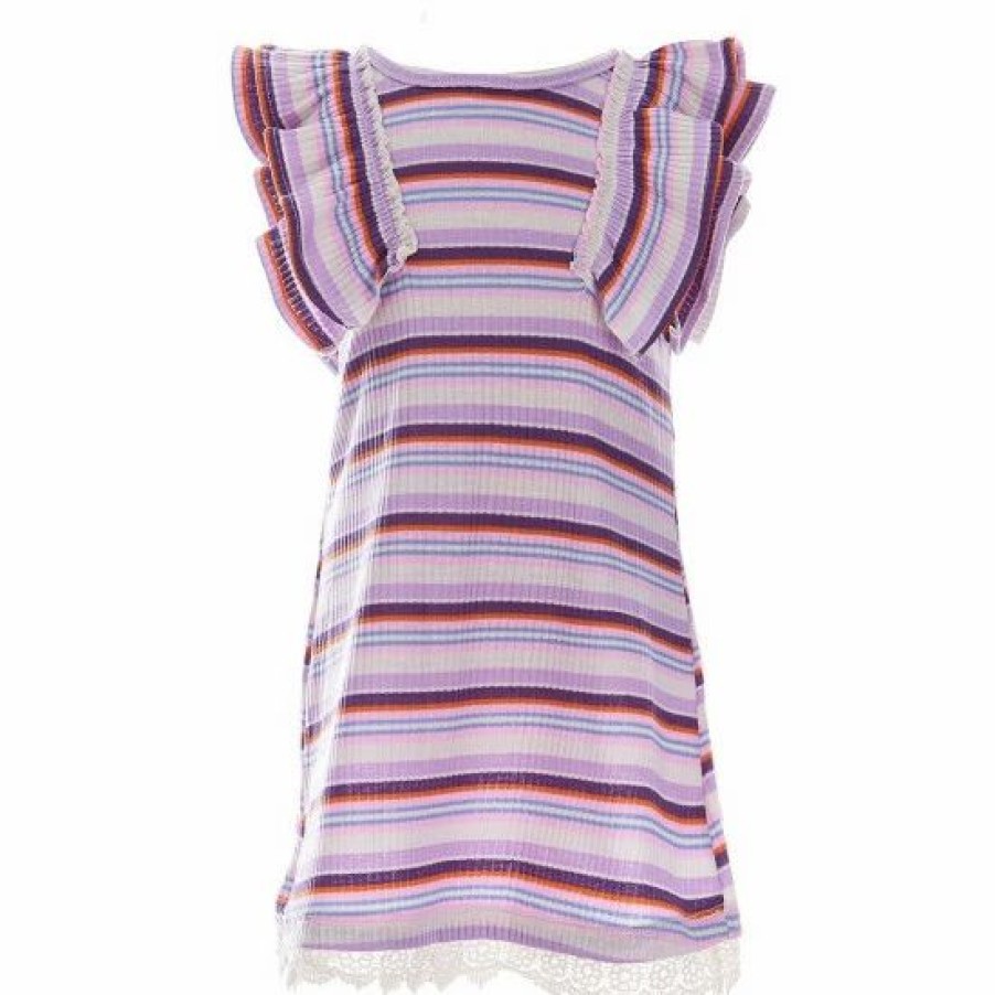 Kids * | Flash Sale Rare Editions Little Girls 4-6X Flutter-Sleeve Striped Knit Shift Dress Pink