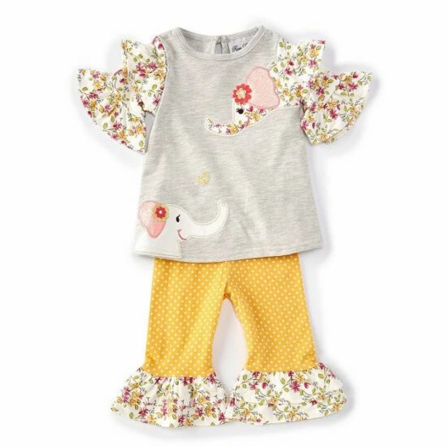 Kids * | Budget Rare Editions Baby Girls 3-24 Months Flutter-Sleeve Elephant-Applique Tee & Ruffle-Hem Leggings Set Gray