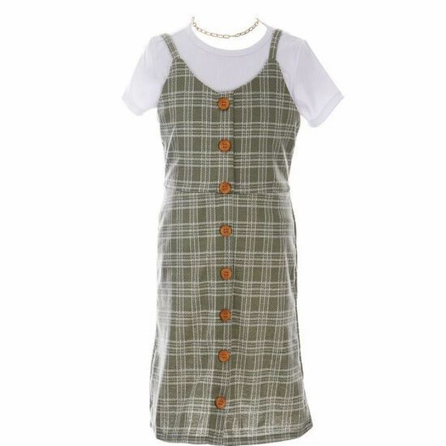 Kids * | Discount Rare Editions Big Girls 7-16 Sleeveless Menswear-Plaid Knit Jumper Dress, Short-Sleeve Solid Knit Tee & Necklace 3-Piece Set Sage