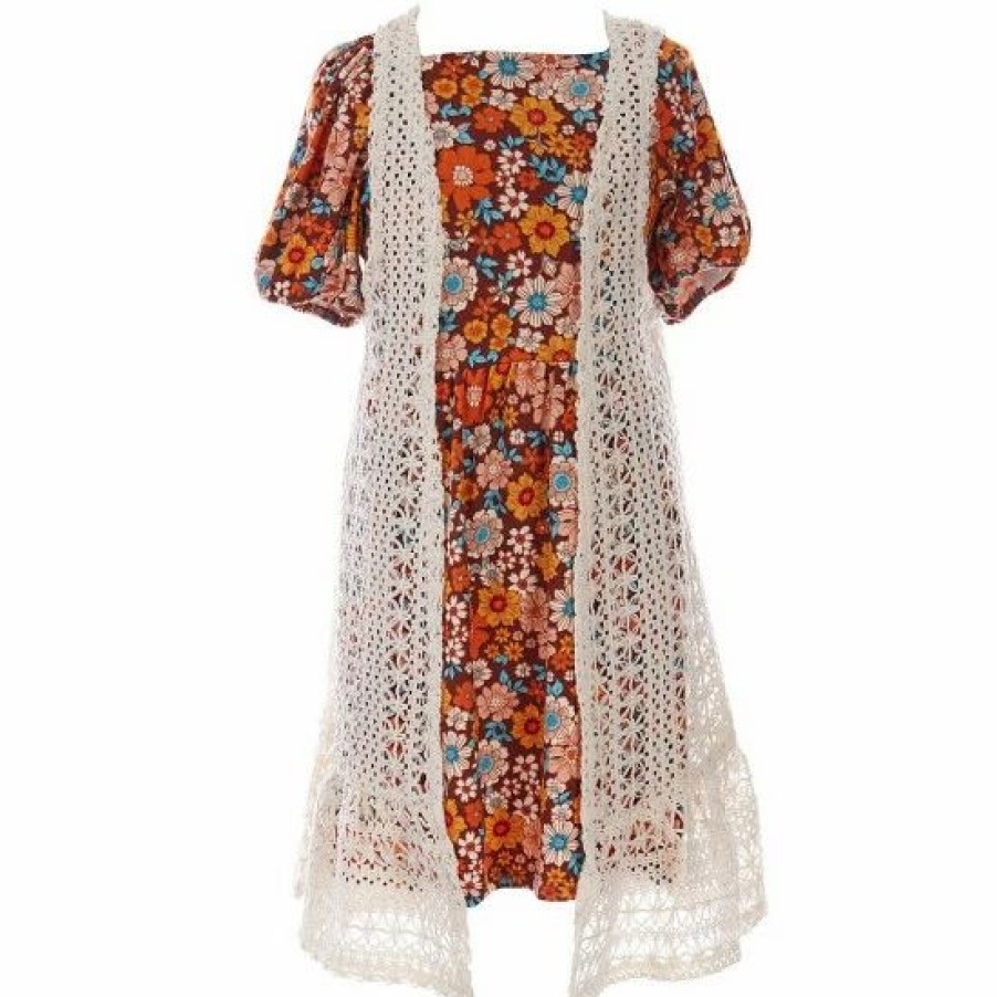 Kids * | Best Deal Rare Editions Big Girls 7-16 Sleeveless Crocheted Long Vest, Puffed-Sleeve Retro Floral Shift Dress & Feather Necklace Set Multi