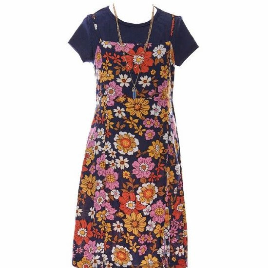 Kids * | Deals Rare Editions Big Girls 7-16 Sleeveless Flower-Printed Challis Jumper Dress, Short-Sleeve Solid Knit Tee & Necklace 3-Piece Set Navy Multi