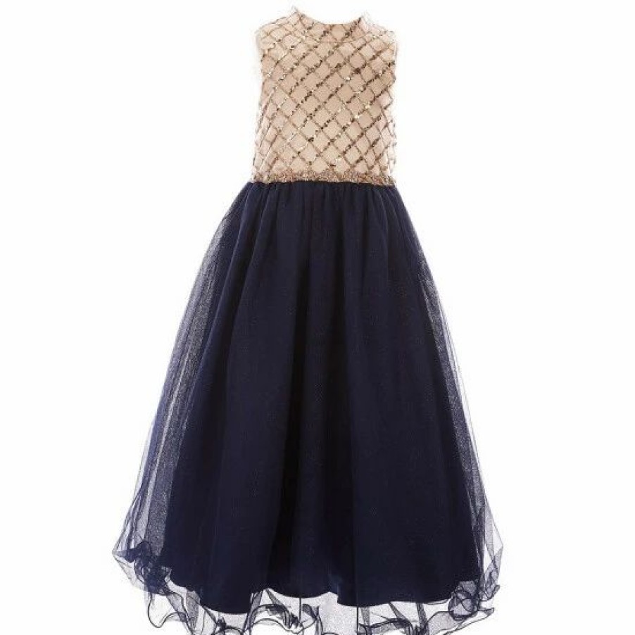 Kids * | Cheap Rare Editions Little Girls 2T-6X Sequin Mock Neck Wire Hem Mesh Maxi Dress Navy