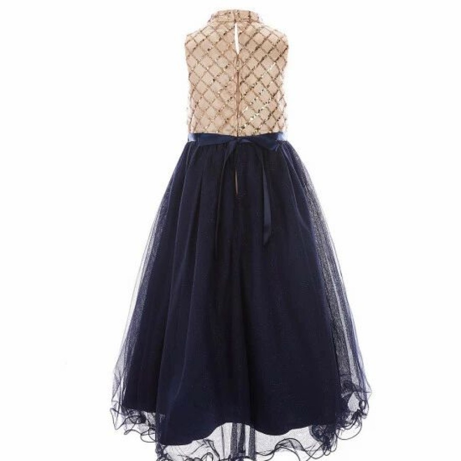 Kids * | Cheap Rare Editions Little Girls 2T-6X Sequin Mock Neck Wire Hem Mesh Maxi Dress Navy