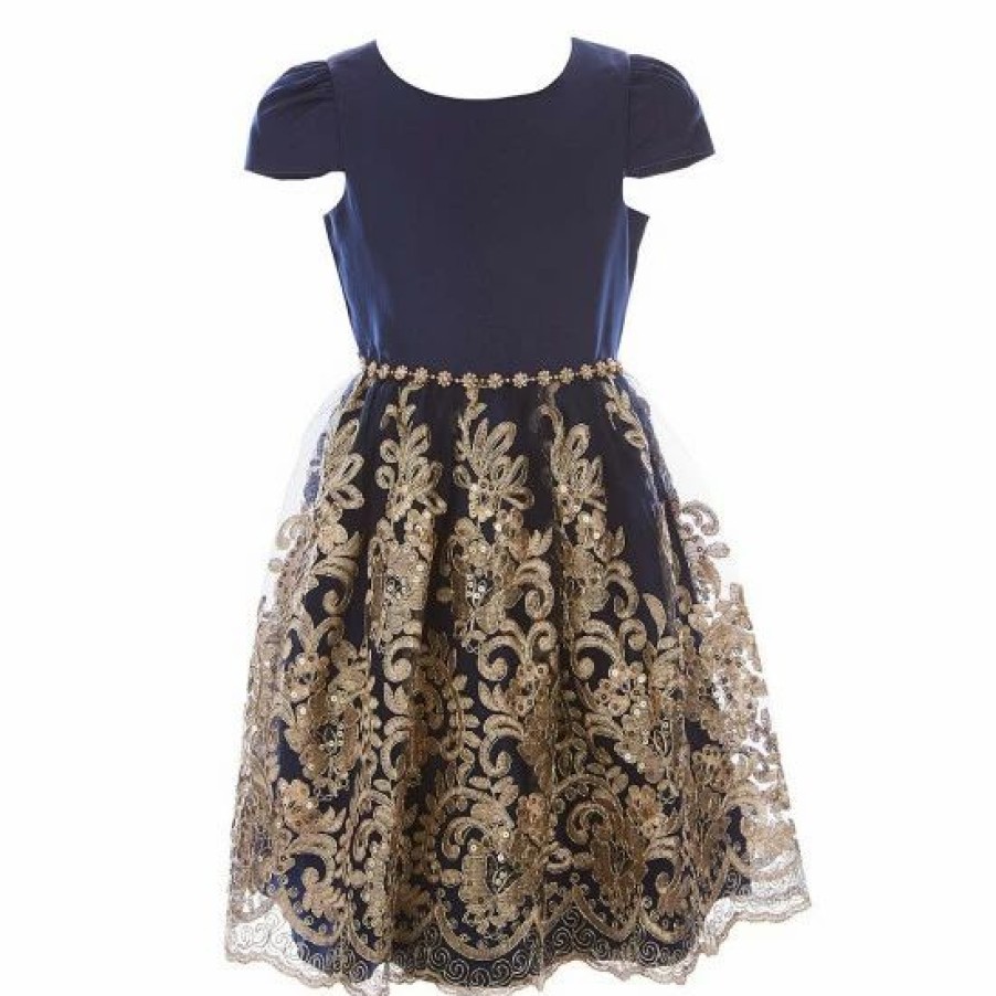 Kids * | Promo Rare Editions Big Girls 7-16 Satin Embroidered Cord Mesh Skirt Dress Navy